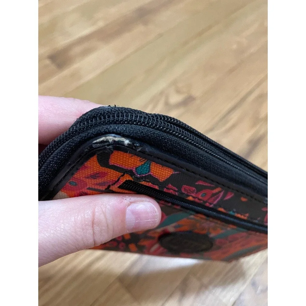 Fossil Floral Wallet Clutch Coated Canvas Orange Pink Teal‎ Black Zip Around